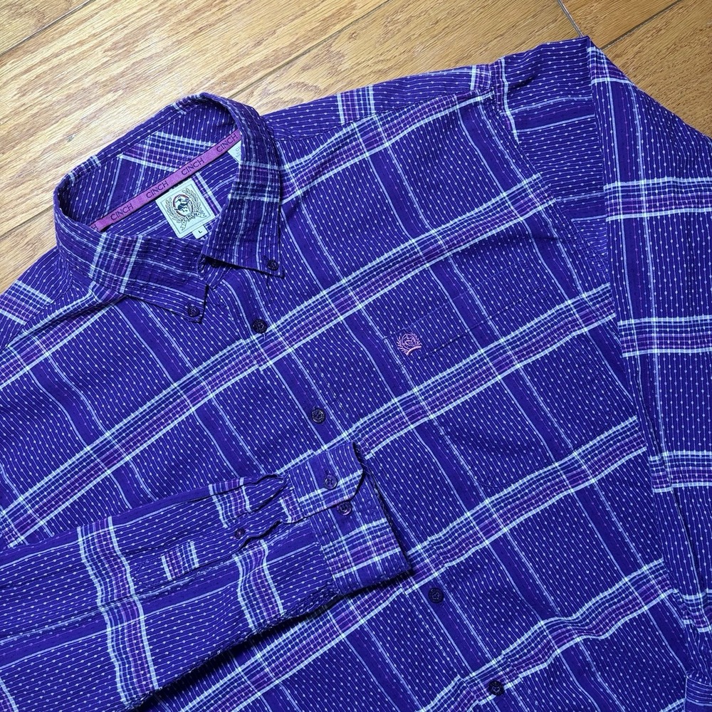 Cinch 100% Cotton Long Sleeve Purple Button L Country Western Cowboy Rockabilly